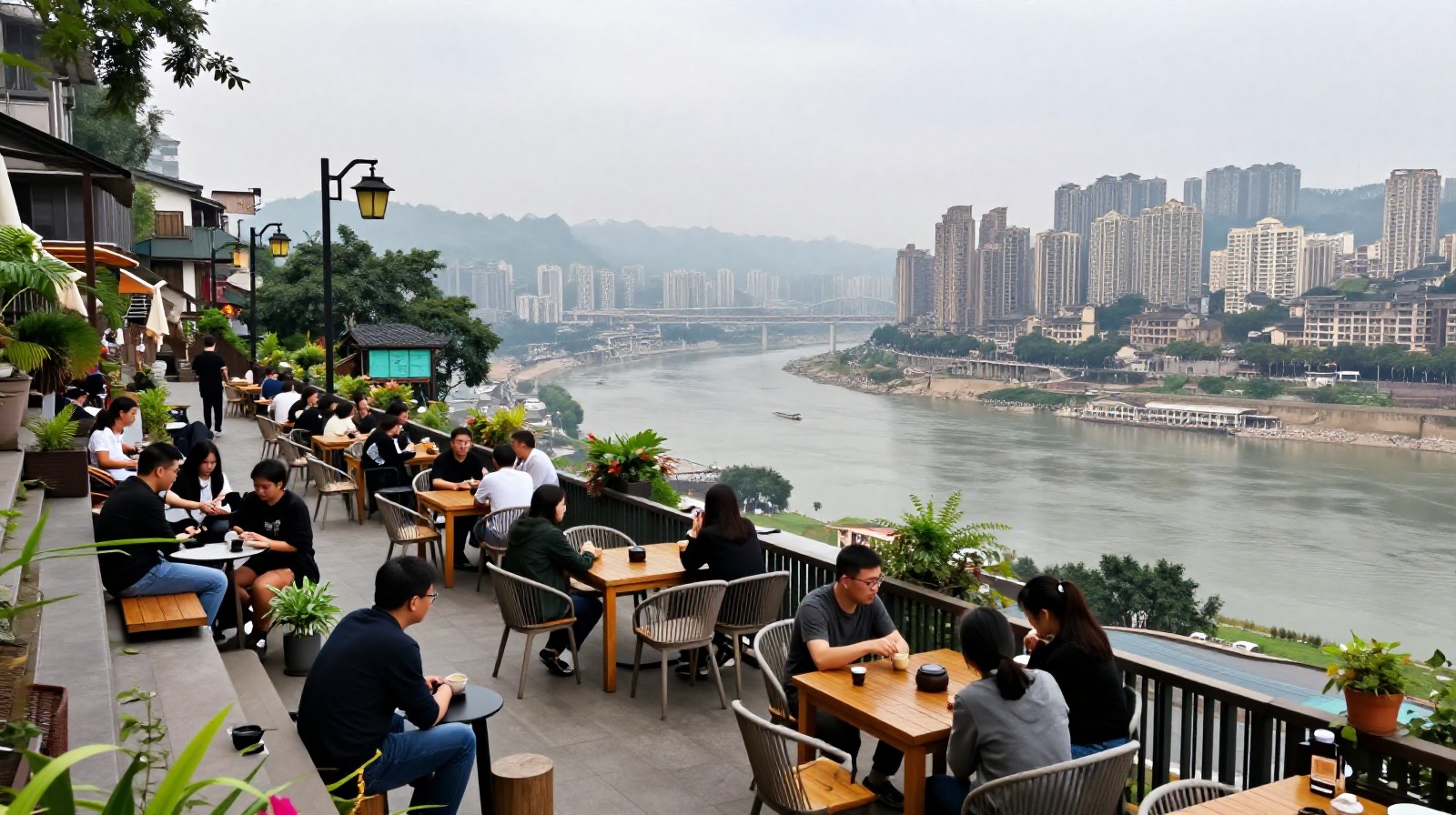 Hillside community cafe with terraces overlooking Chongqing's rivers and steep urban slopes