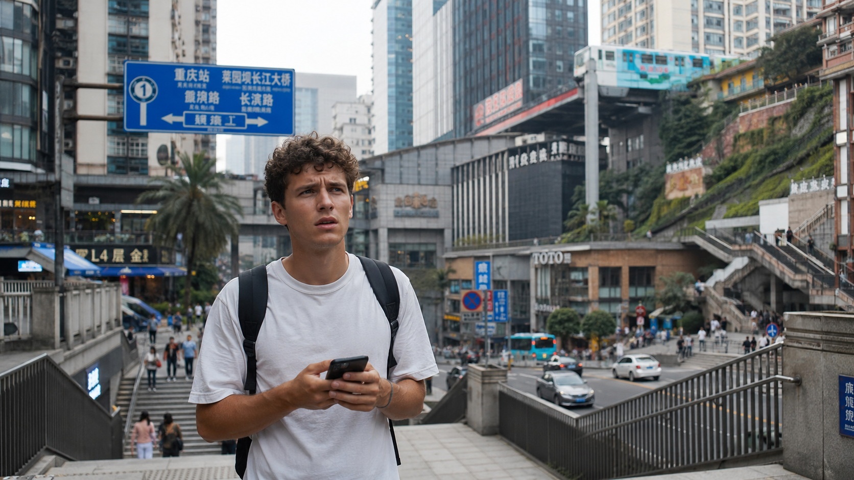 A young person checking GPS on a smartphone while standing amidst the complex, multi-level streets and steep staircases of Chongqing.