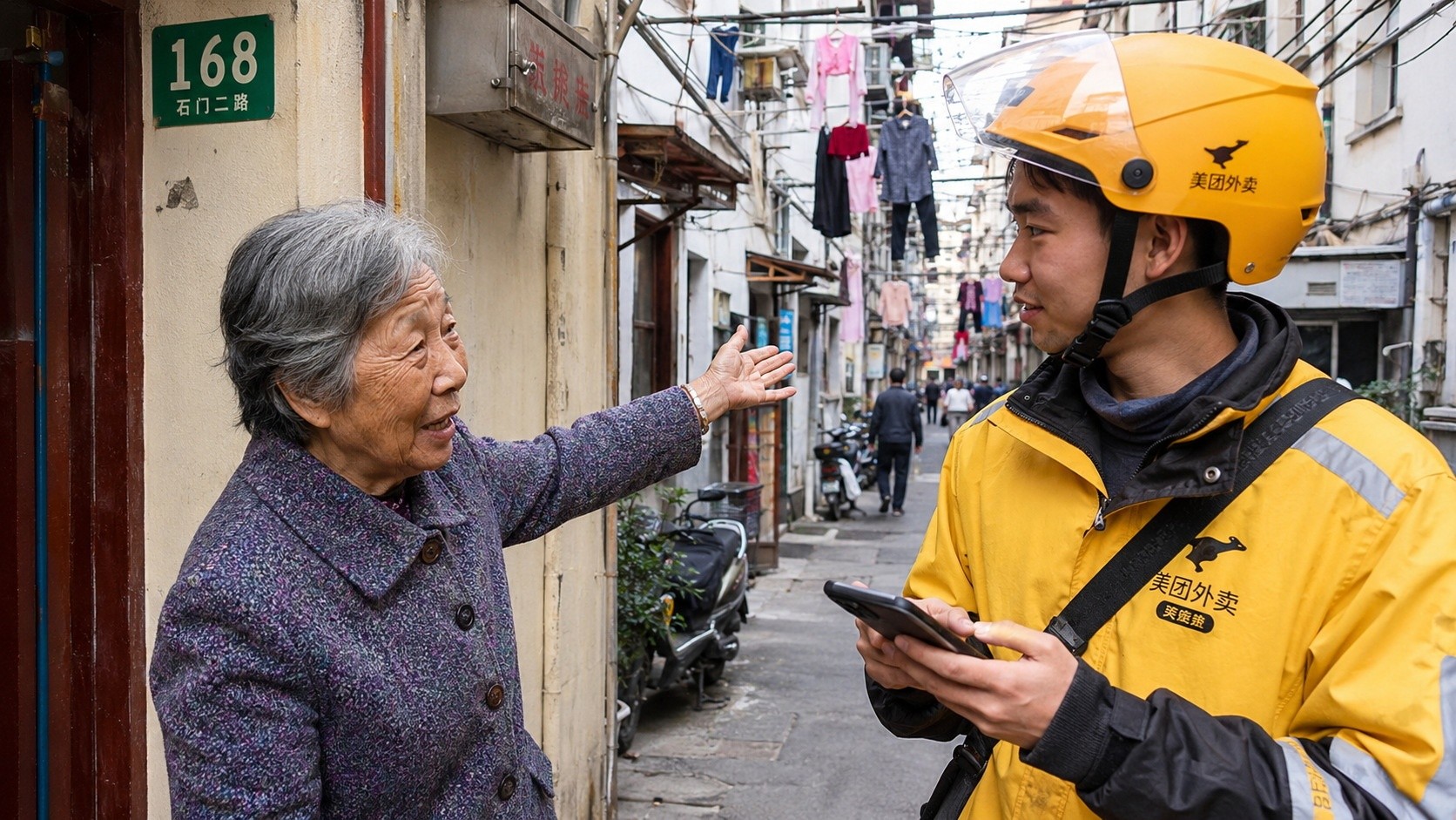 An elderly local resident pointing out a route to a young delivery worker in a busy Chongqing neighborhood.