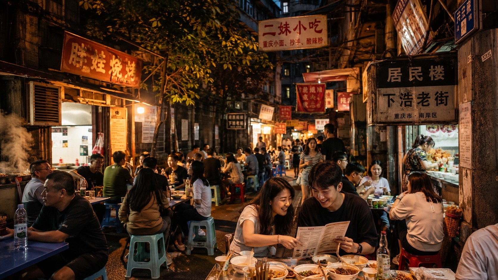 Diners enjoying spicy hotpot at a small street-side restaurant in a narrow Chongqing alley, guided by local recommendations.