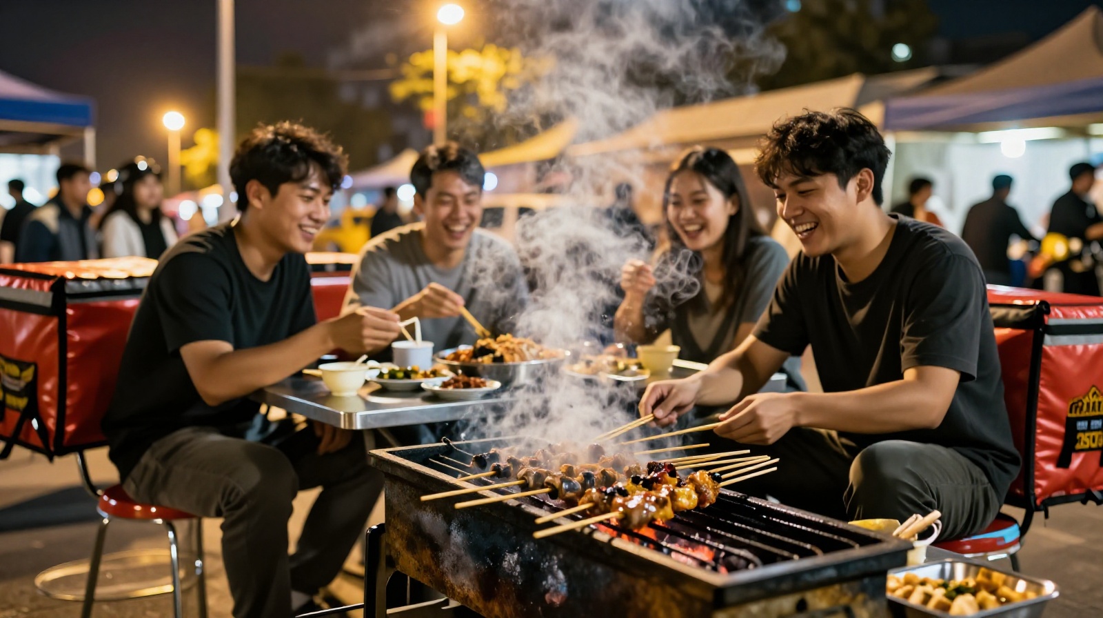 Close-up of street grilled skewers on a charcoal fire with young diners sharing a late-night meal in a Chinese night market, showing casual urban social life