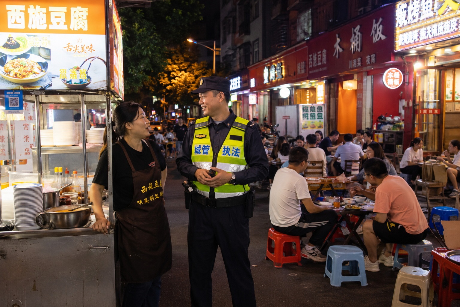 A relaxed night scene in a Chinese city where a security officer chats with a street food vendor while diners eat at low tables, illustrating everyday urban safety and community rhythm