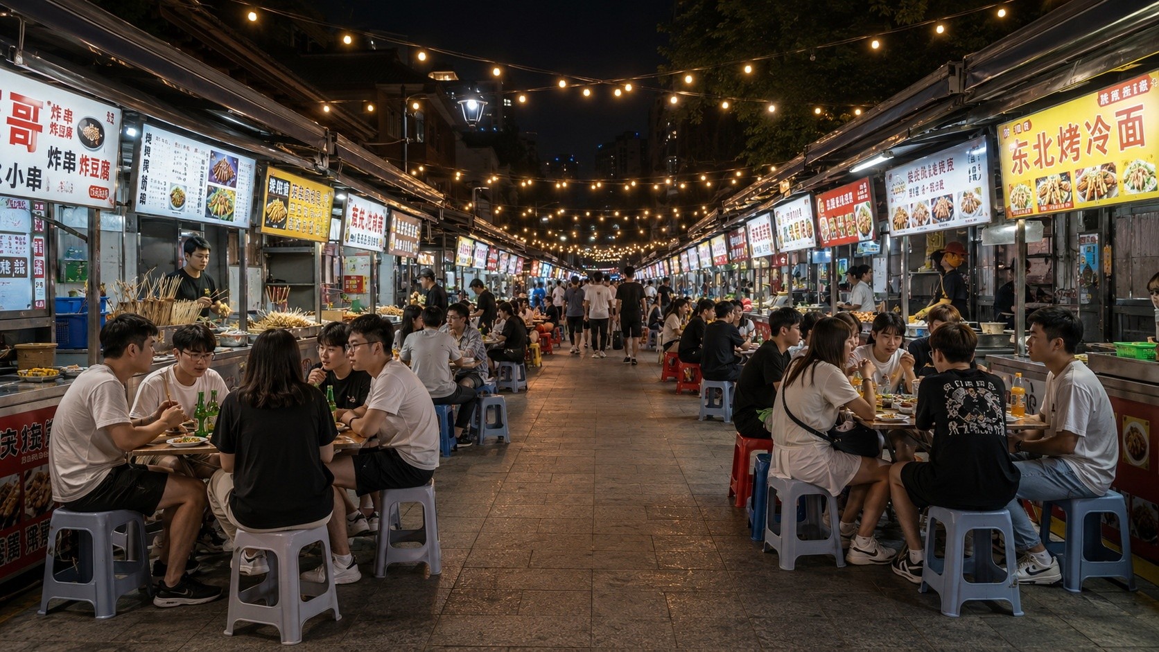 Young adults dining at outdoor night market stalls under string lights in a Chinese city pedestrian street
