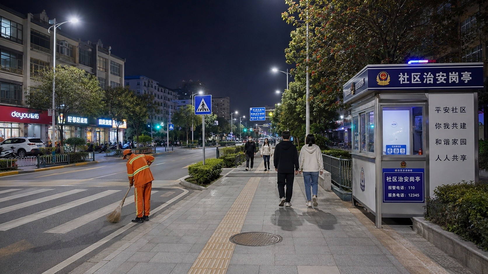 Well-lit pedestrian street in a Chinese city at night featuring a community security booth and municipal maintenance
