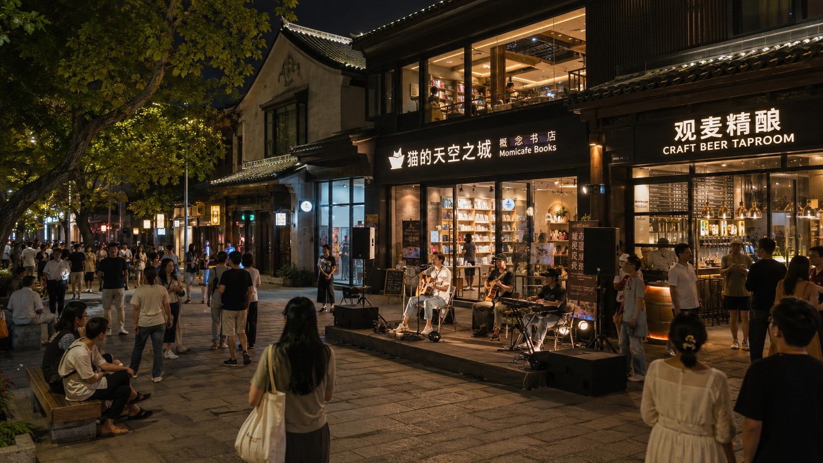 Mixed-use urban street at night with a bookstore, craft bar, and live acoustic performance in a Chinese city