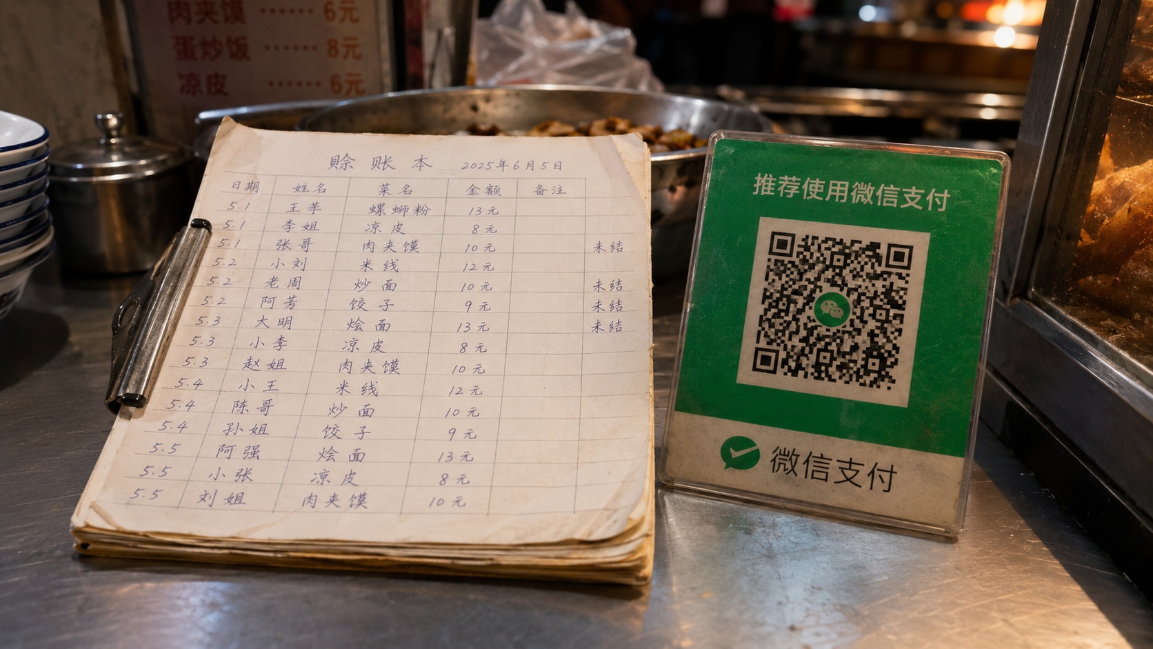 A vendor's handwritten trust ledger placed beside a mobile payment QR code at a Chinese night market stall