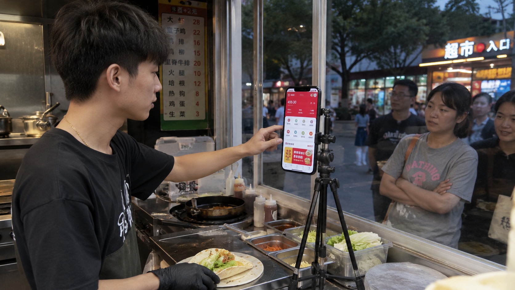 Street food vendor checking mobile sales data on a smartphone at an organized night market stall