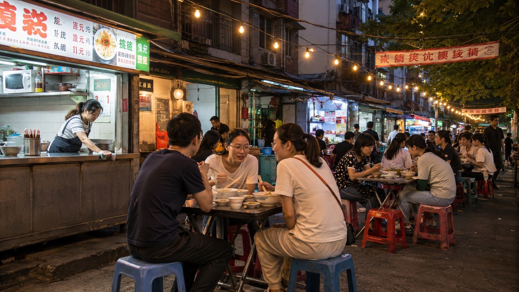 Families and workers sharing affordable meals at a community-focused Chinese night market