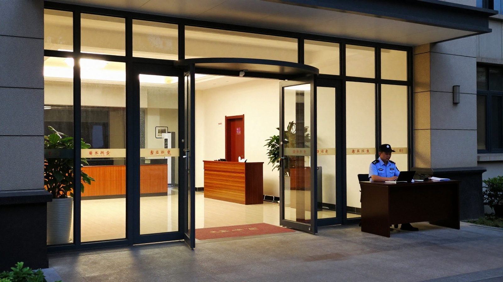 Open lobby entrance of a Chinese residential community at night, showing relaxed everyday safety without heavy locks or barriers