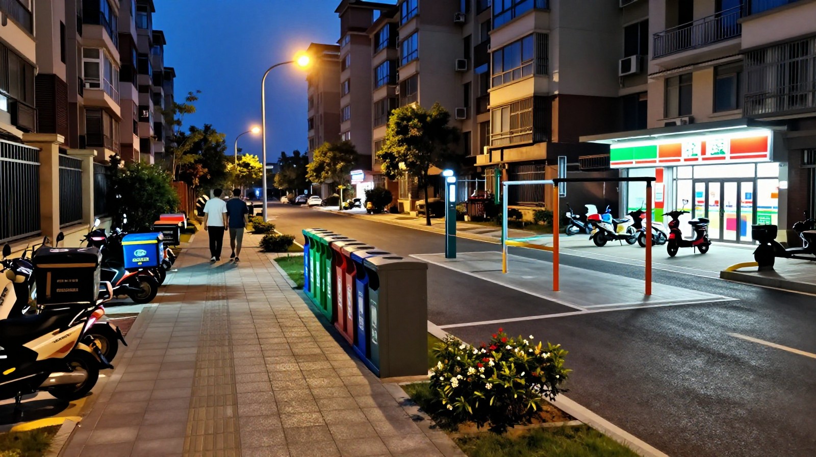 Well-lit residential street at night in a Chinese city, showing safe public spaces for evening runners and delivery workers