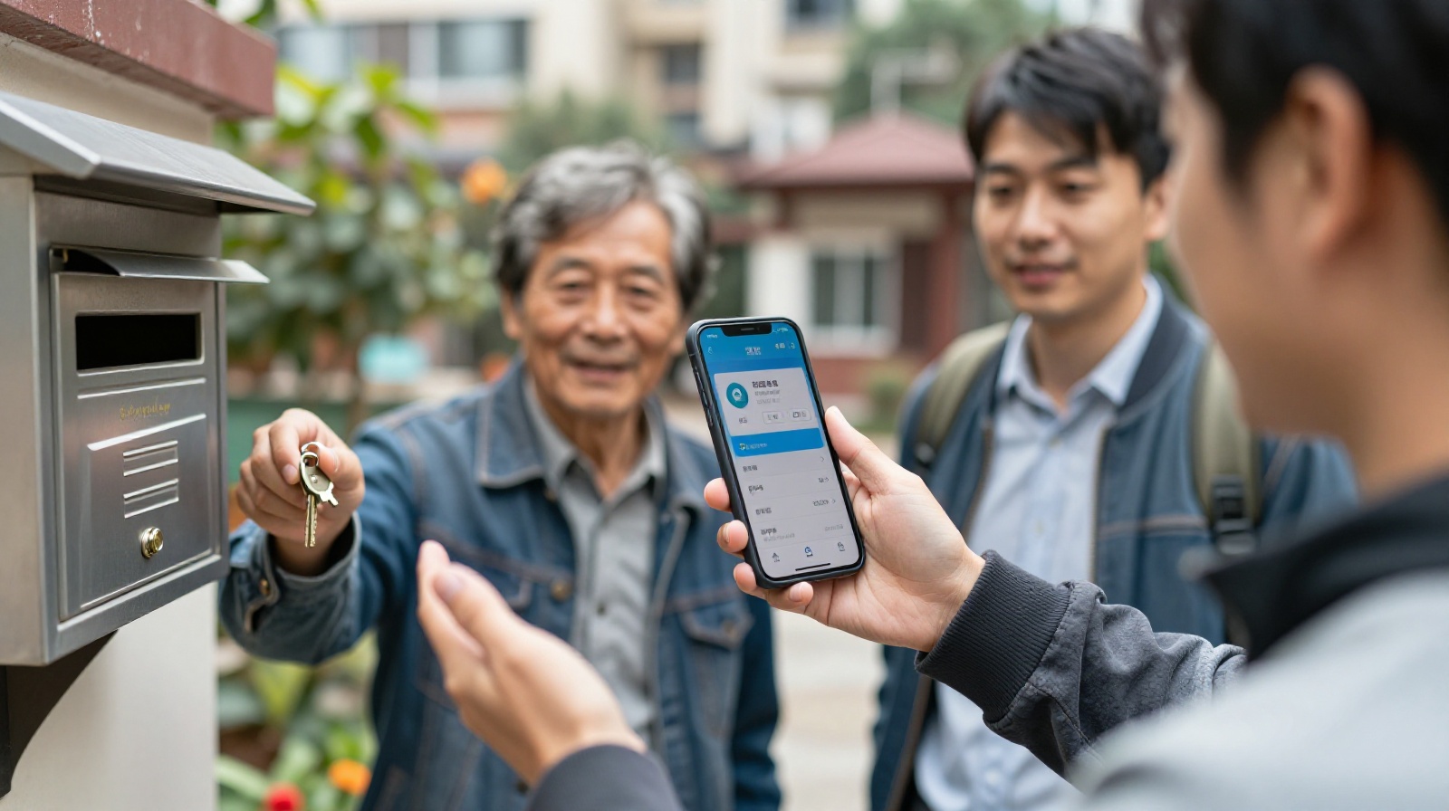Neighbors exchanging a borrowed tool in a Chinese residential compound, illustrating practical community trust and daily cooperation