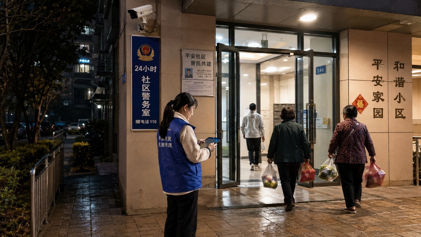 A community worker checks a residential entrance at night near a brightly lit 24-hour police station in a Chinese city, showing how neighborhood safety is managed at street level.
