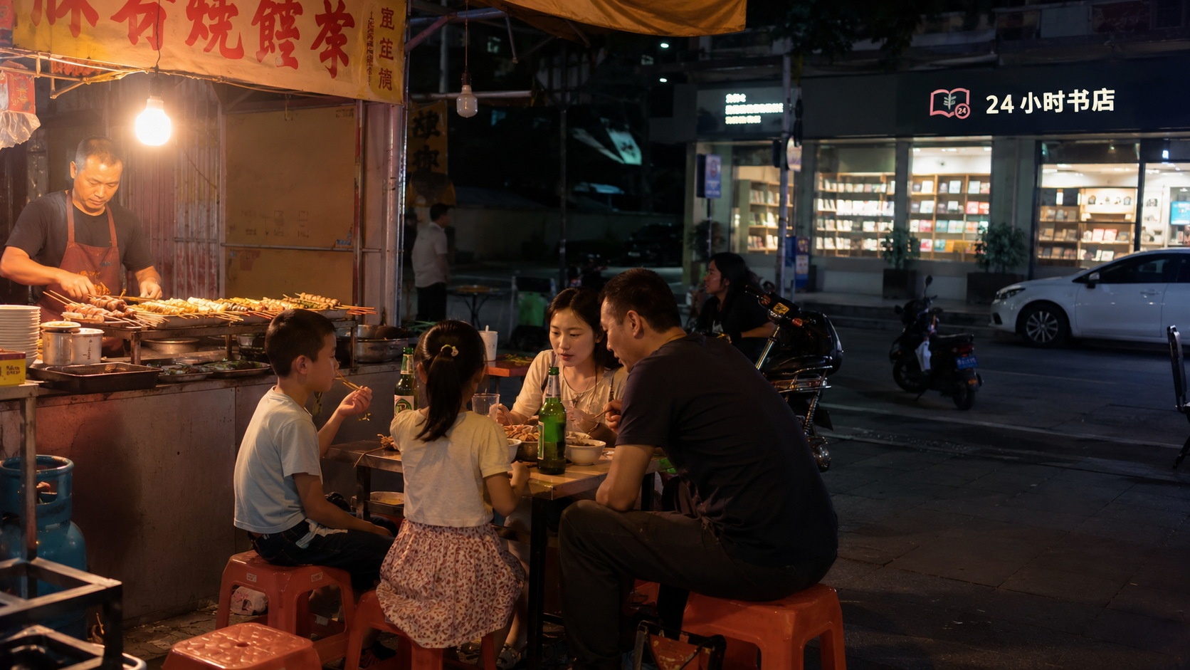 A family eats at a well-lit street food stall late at night in a Chinese city, illustrating the accessible and unhurried side of urban night life.