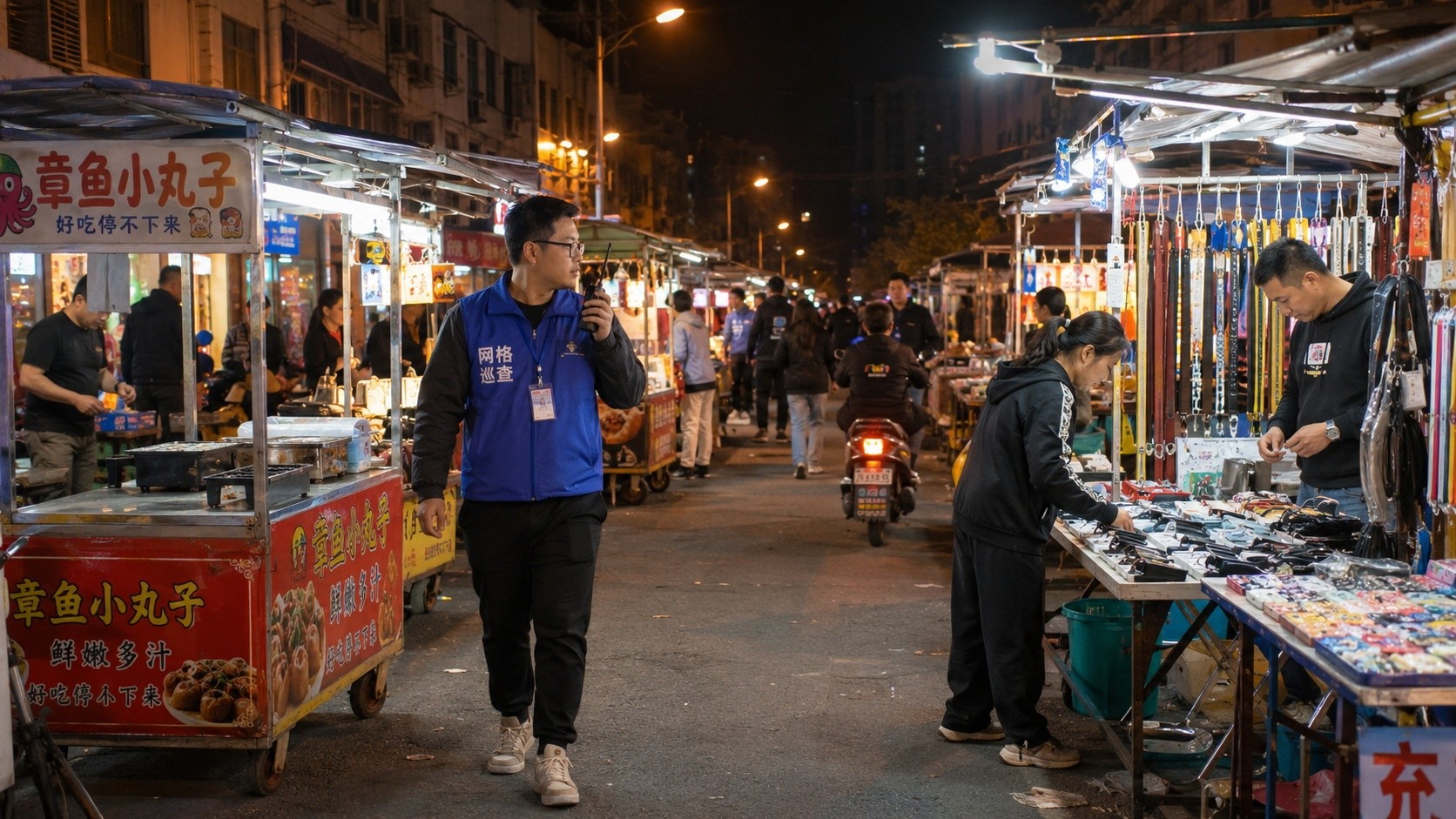 A Chinese community grid worker patrols a night market street, coordinating with vendors to maintain order without physical barriers.