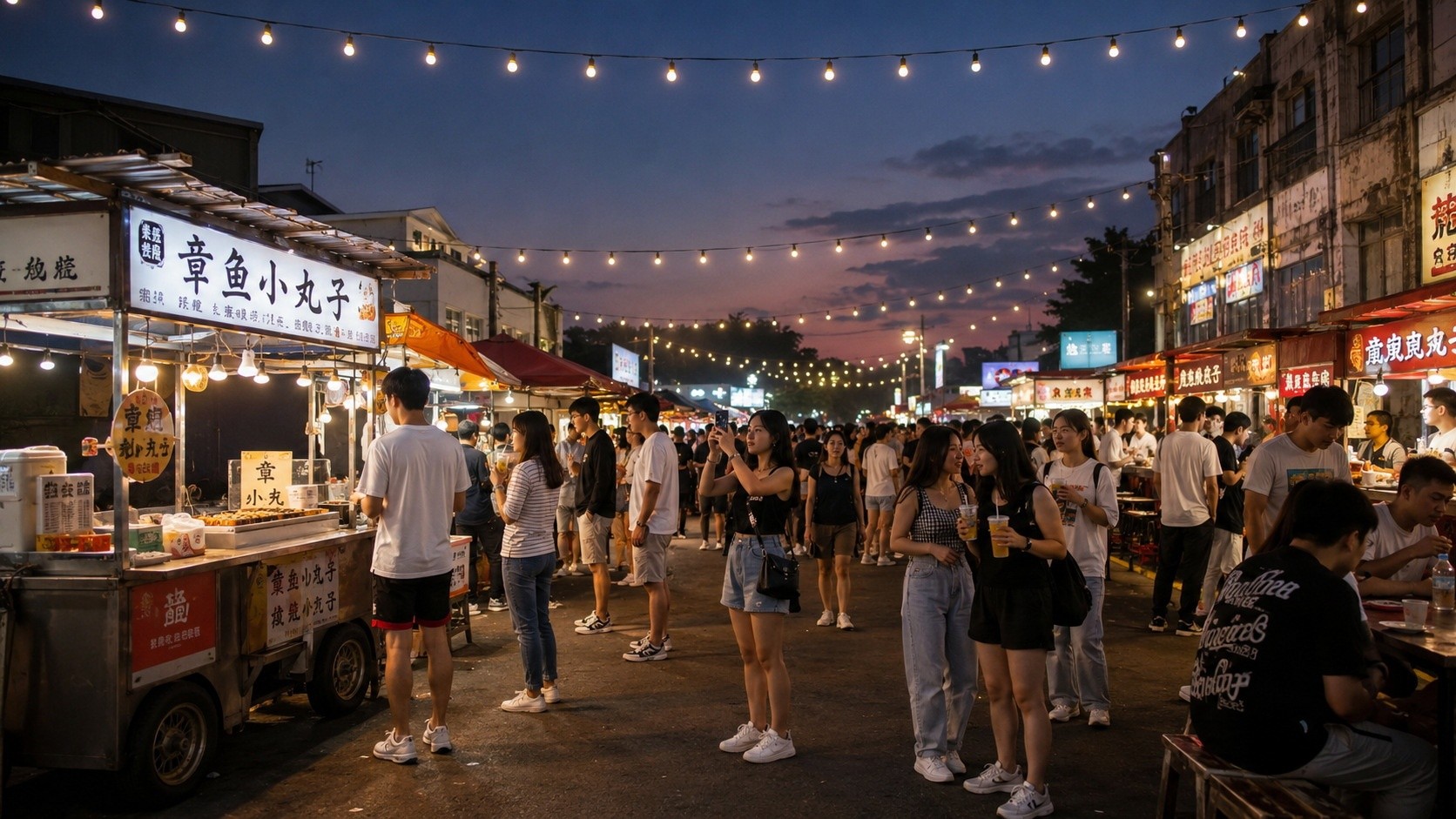 Young urbanites stroll through a safe, barrier-free night market enjoying local snacks and evening social life.