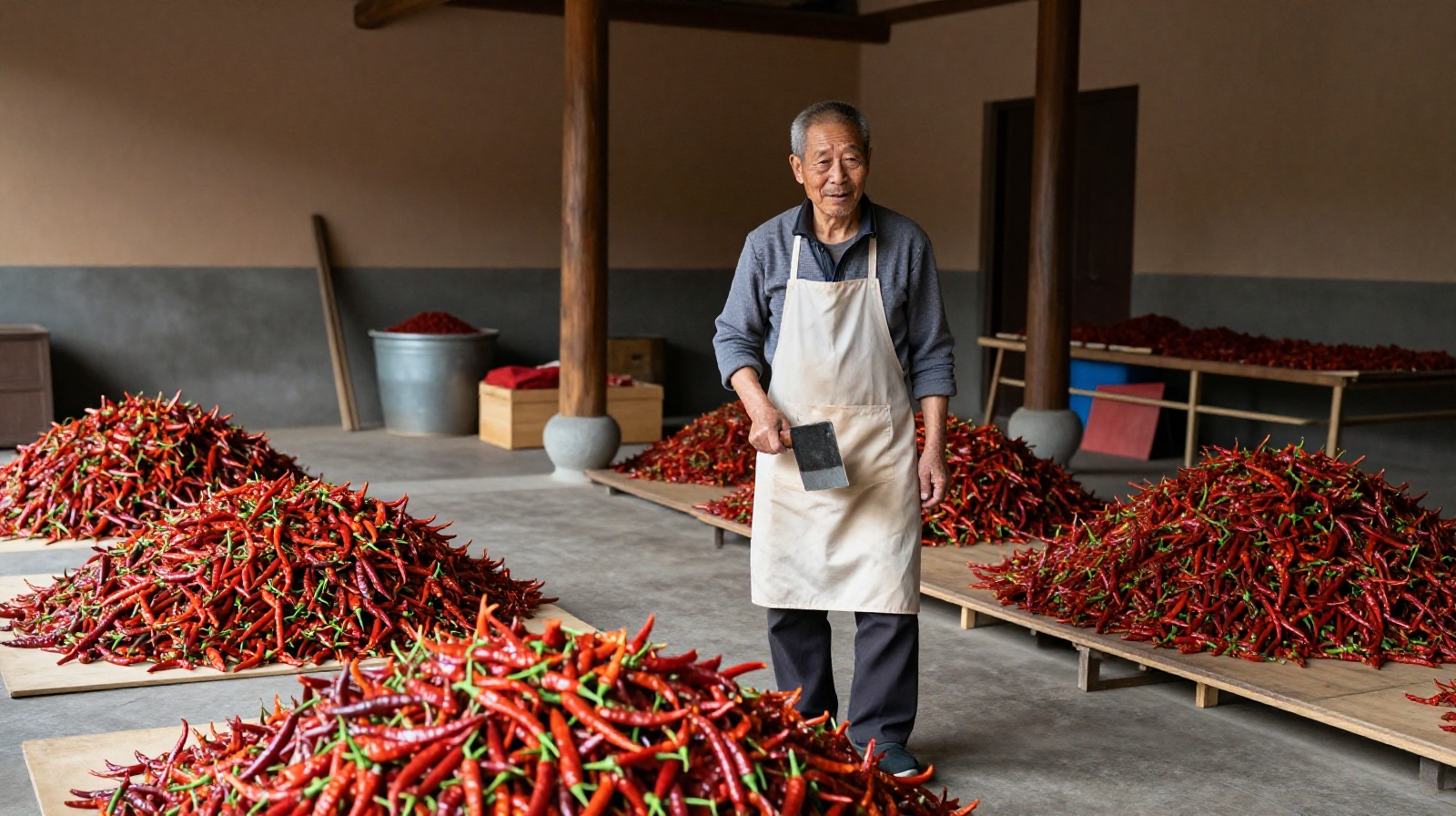 A master chili cutter in Changsha preparing thousands of fresh red chilies in his traditional workshop.