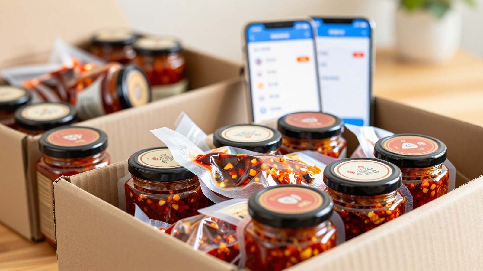 Vacuum-packed jars of artisanal chopped chili ready for online delivery to customers across China and abroad.