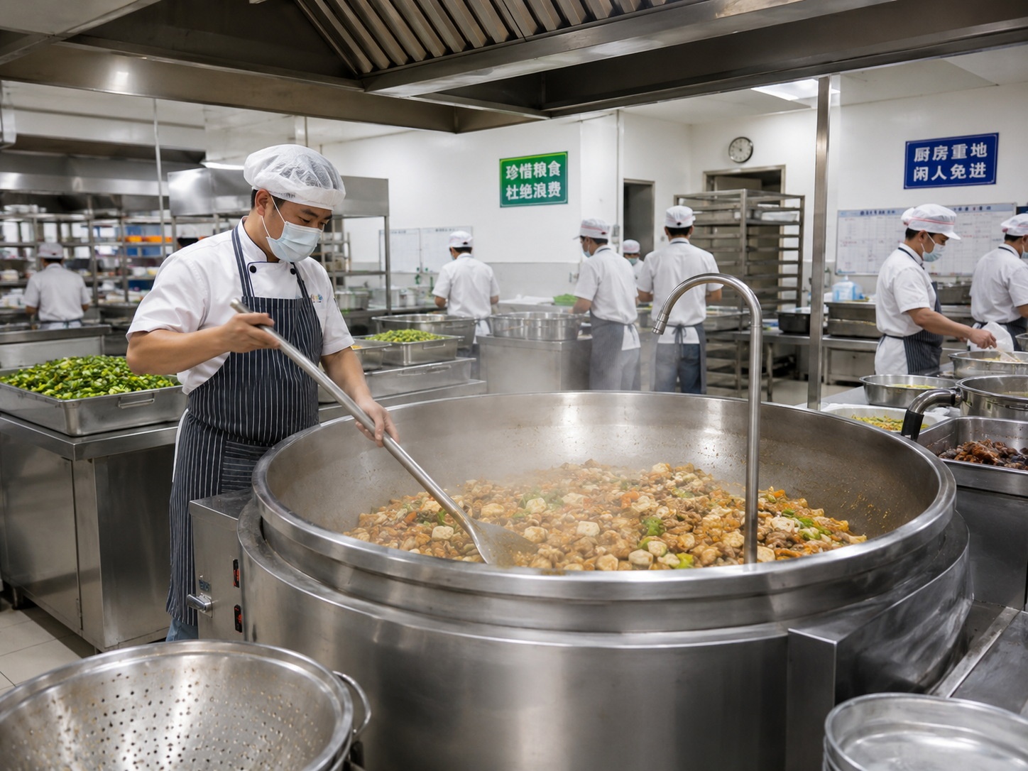 Chefs working in a large-scale communal kitchen preparing meals for a community canteen.