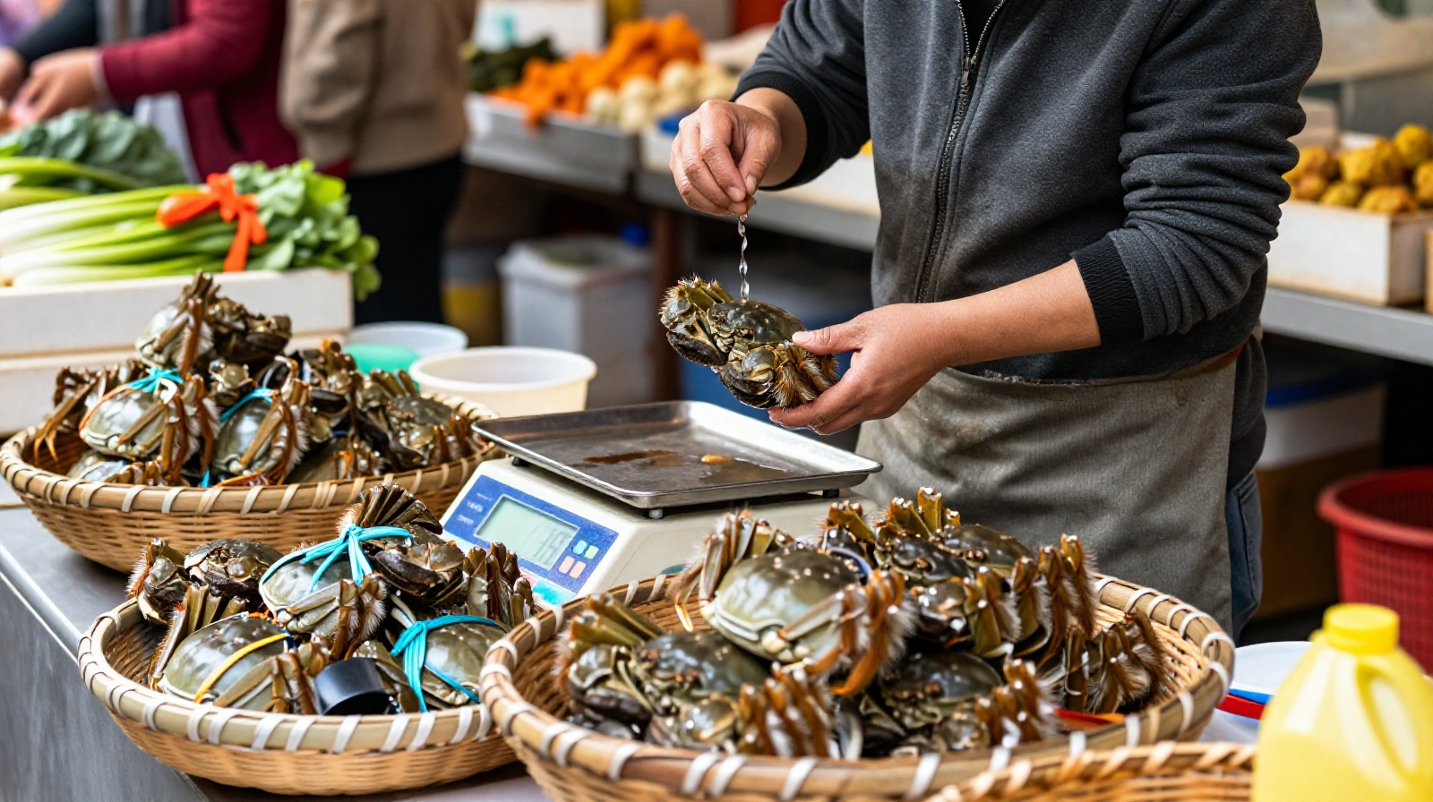 A vendor selling fresh hairy crabs at a morning market in Suzhou, China.