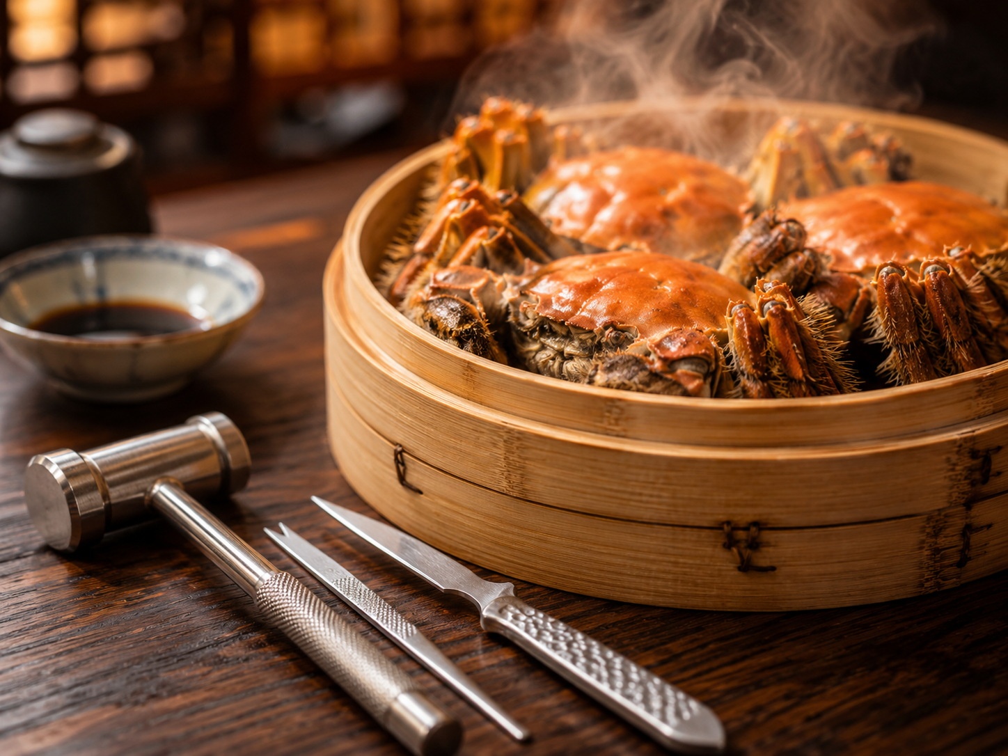 Traditional tools for eating hairy crabs in Suzhou, including a small hammer and tweezers, placed next to a steaming basket of crabs.