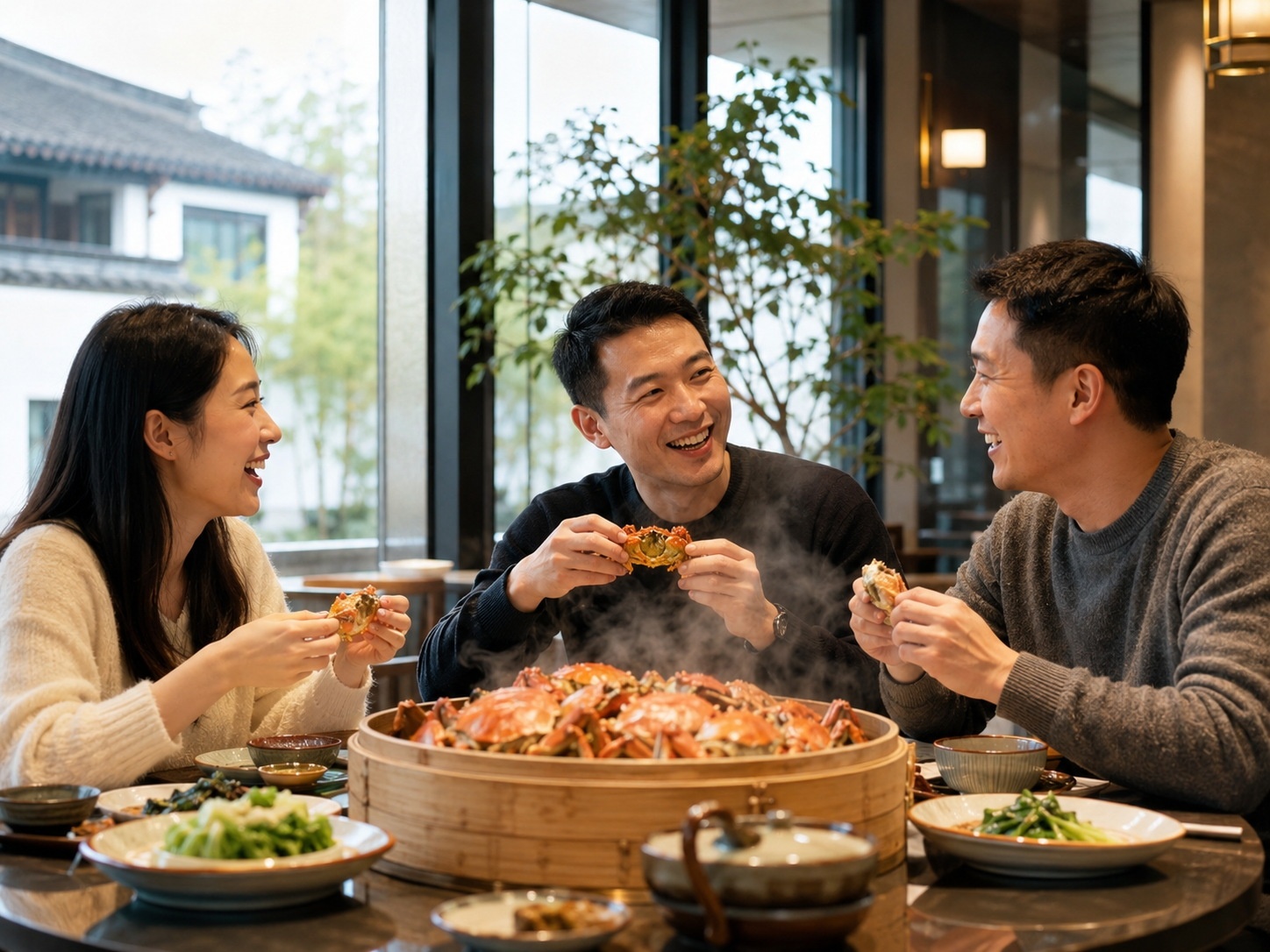 Friends enjoying a shared meal of hairy crabs in a Suzhou restaurant, emphasizing social bonding.