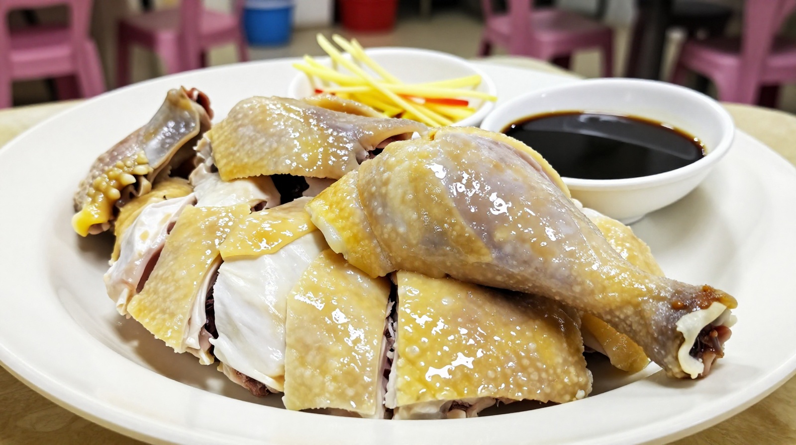 A close-up of chopped white cut chicken served with ginger-scallion sauce in a Guangzhou neighborhood restaurant, highlighting the simple yet appetizing presentation.