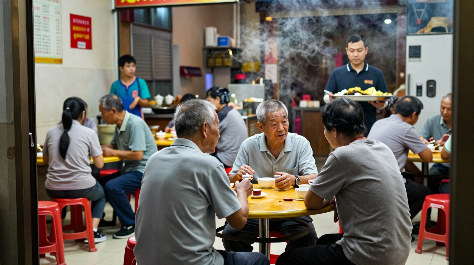 Retirees enjoying tea and conversation at a neighborhood chicken shop in Guangzhou, illustrating the community bond and daily life in China.