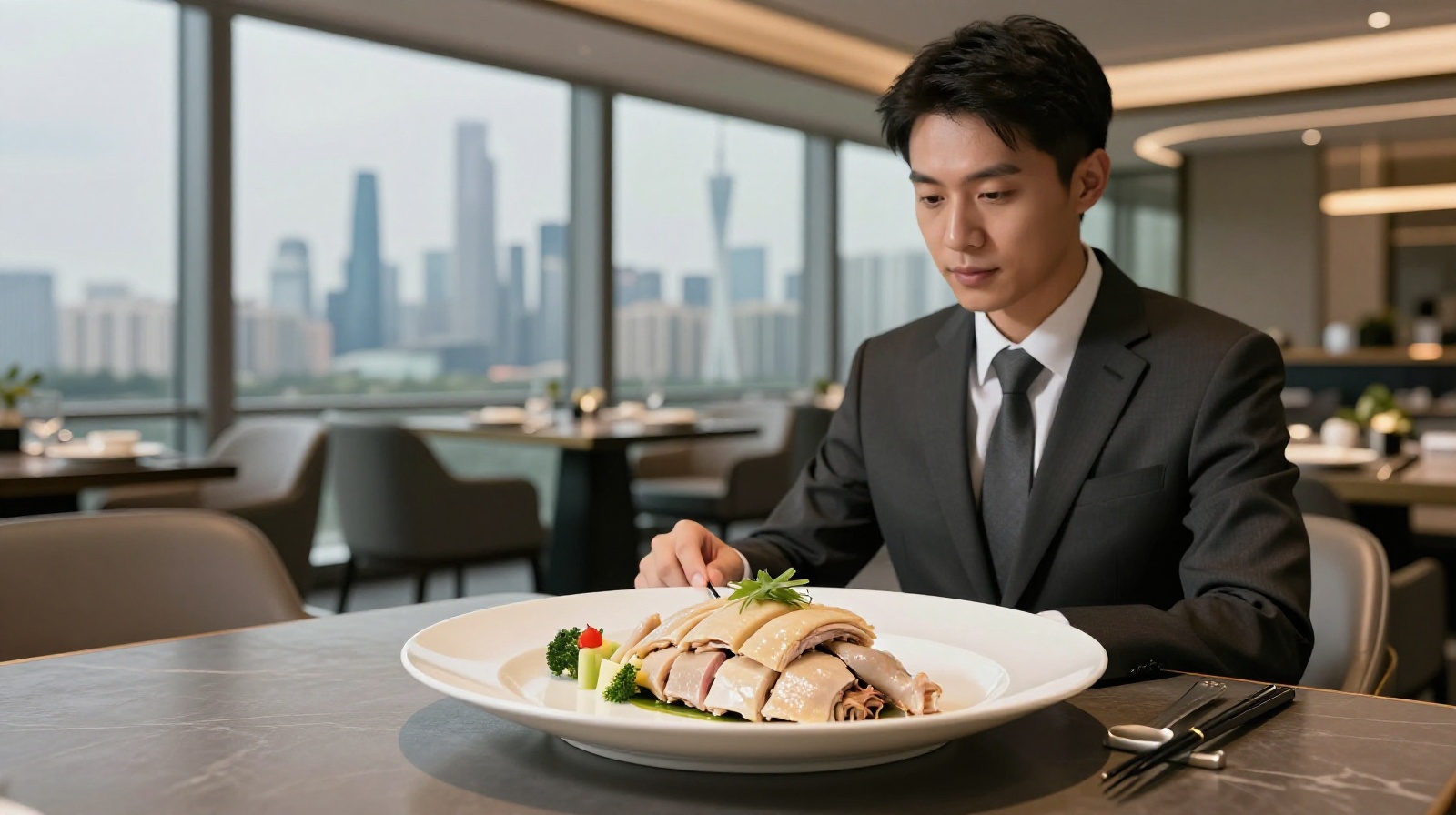 White cut chicken served in a high-end Guangzhou restaurant with a city view, showing the dish's evolution from street food to fine dining.