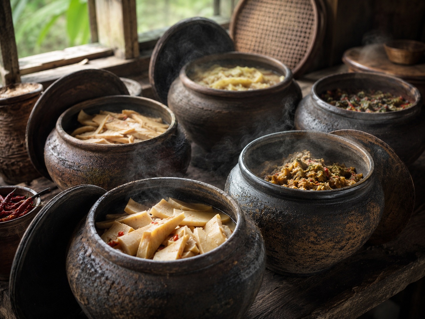 Close-up of traditional clay fermentation jars containing bamboo shoots and preserved vegetables in a Huizhou home kitchen, symbolizing the region's culinary traditions.