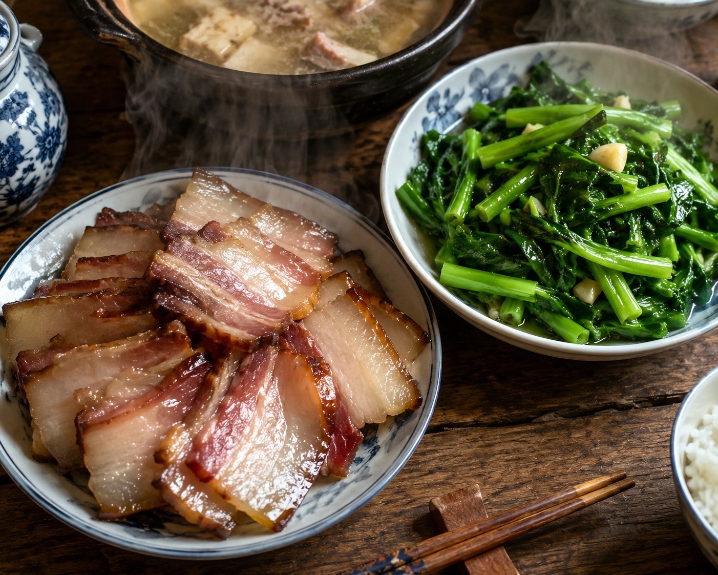 Steamed cured pork belly and fresh green vegetables served on a traditional ceramic plate, representing Huizhou home cooking.