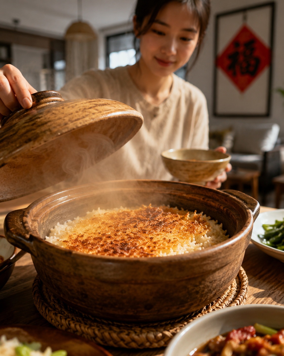 A steaming clay pot of rice with crispy crust being served in a modern Huizhou home, showing the blend of tradition and modernity.
