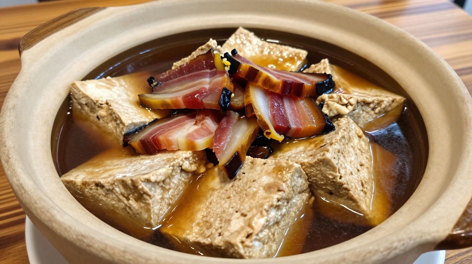 A close-up of a traditional Huizhou cuisine dish, stewed tofu with preserved meat, served in a clay pot, highlighting the savory broth and soft texture.