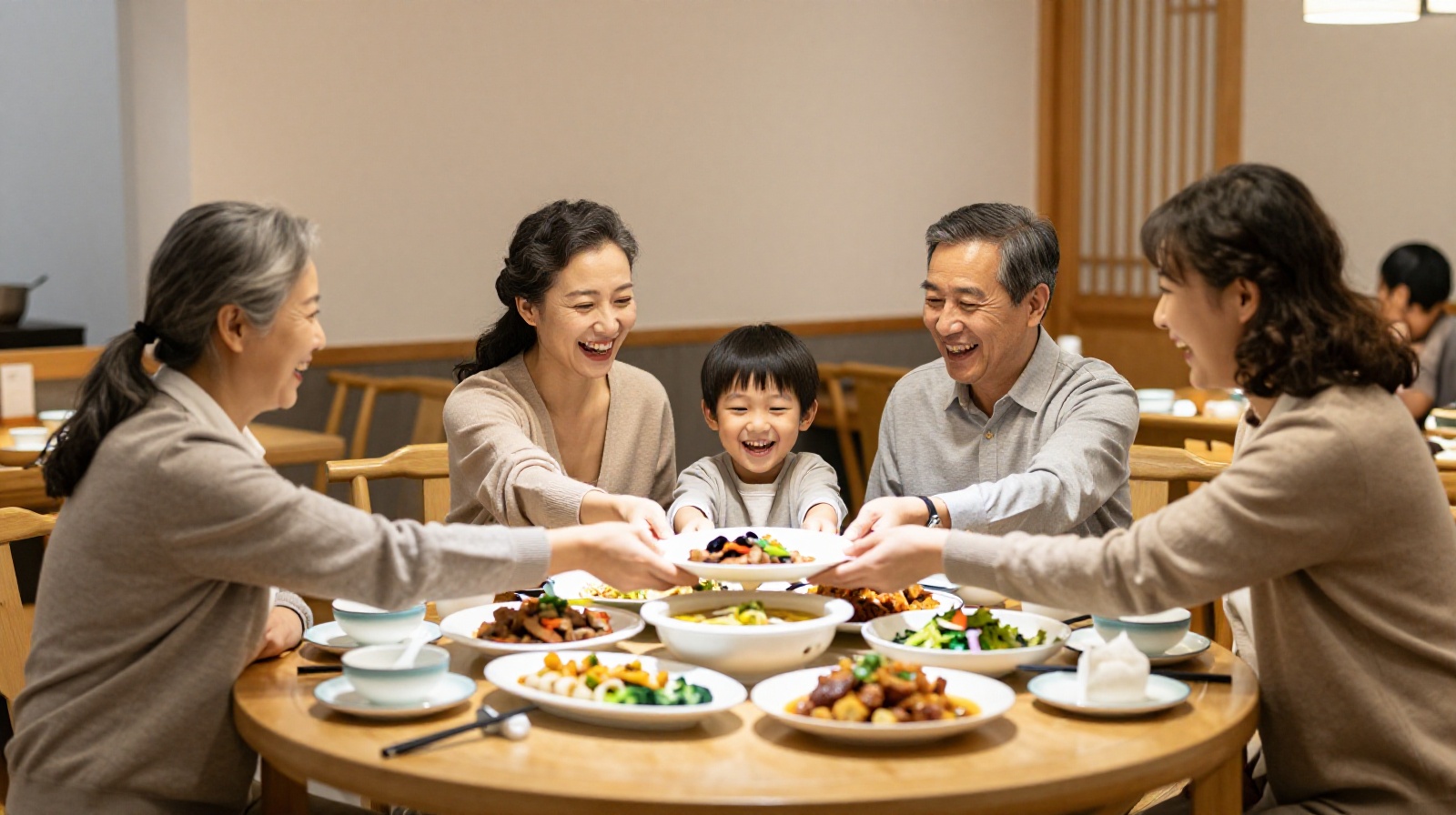 A multi-generational Chinese family enjoying a weekend dinner together, sharing dishes and laughing in a cozy restaurant setting.