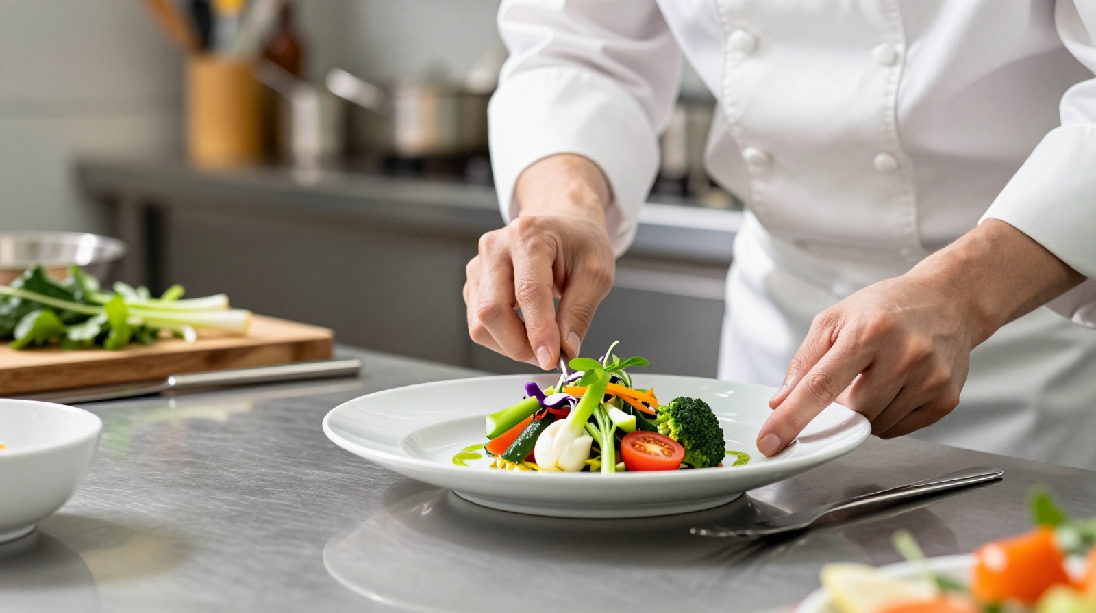A chef in a professional kitchen carefully preparing a seasonal vegetable dish, emphasizing freshness and culinary skill.