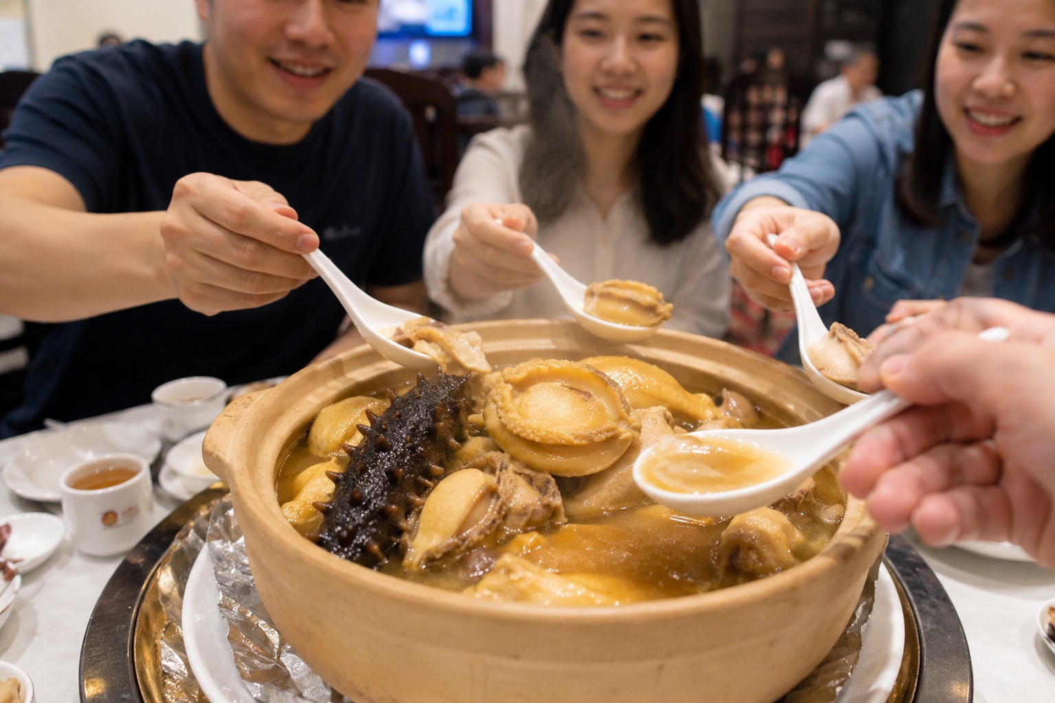 A steaming clay pot of Fo Tiao Qiang being served in a modern Chinese restaurant, with diners smiling and reaching for spoons.