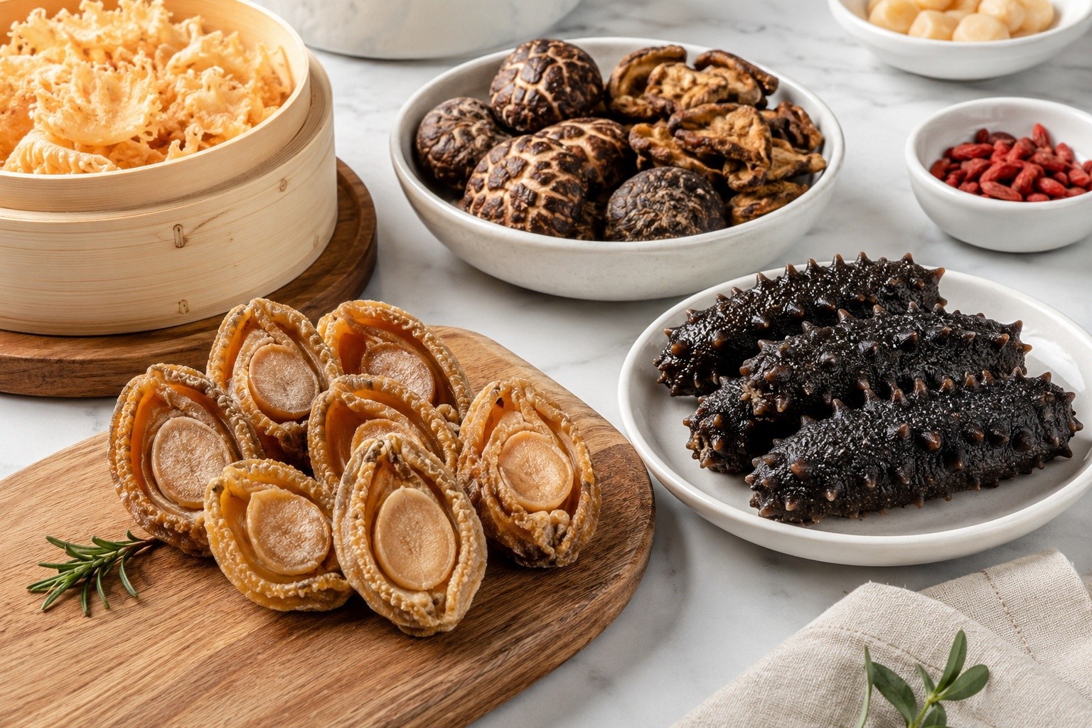 Close-up of fresh abalone and sea cucumber ingredients arranged on a kitchen counter, highlighting the quality of modern food supply.