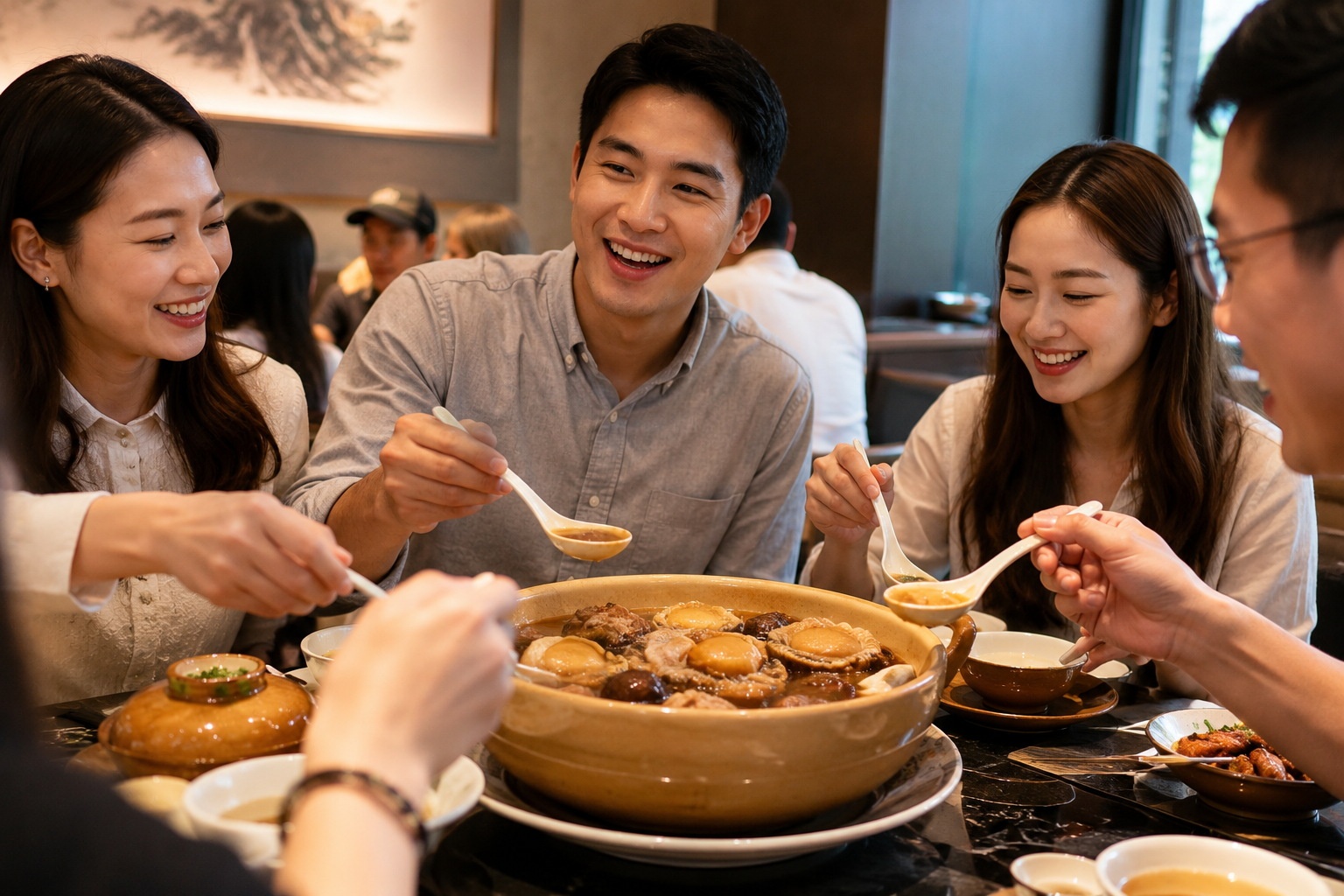 A young Chinese professional sharing a pot of Fo Tiao Qiang with friends at a casual restaurant table, laughing and chatting.