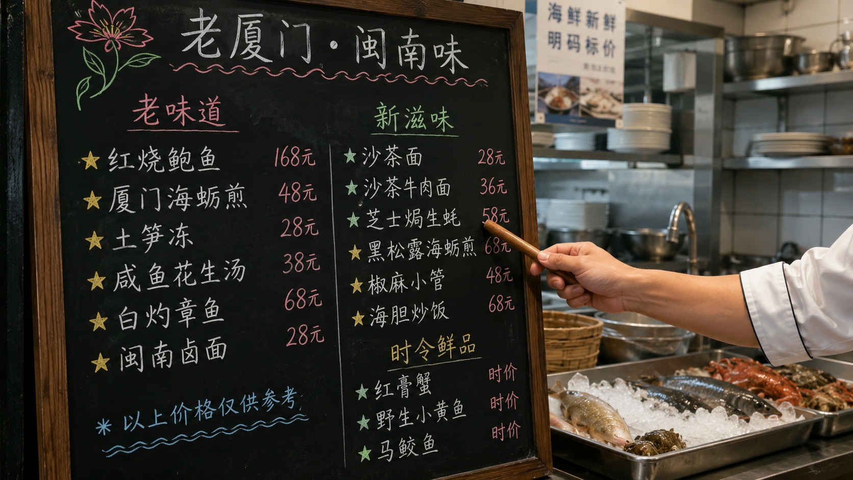 A handwritten chalkboard menu in a Xiamen restaurant showing traditional Fujian dishes and tourist-favorite items, with a chef marking updates during morning prep.