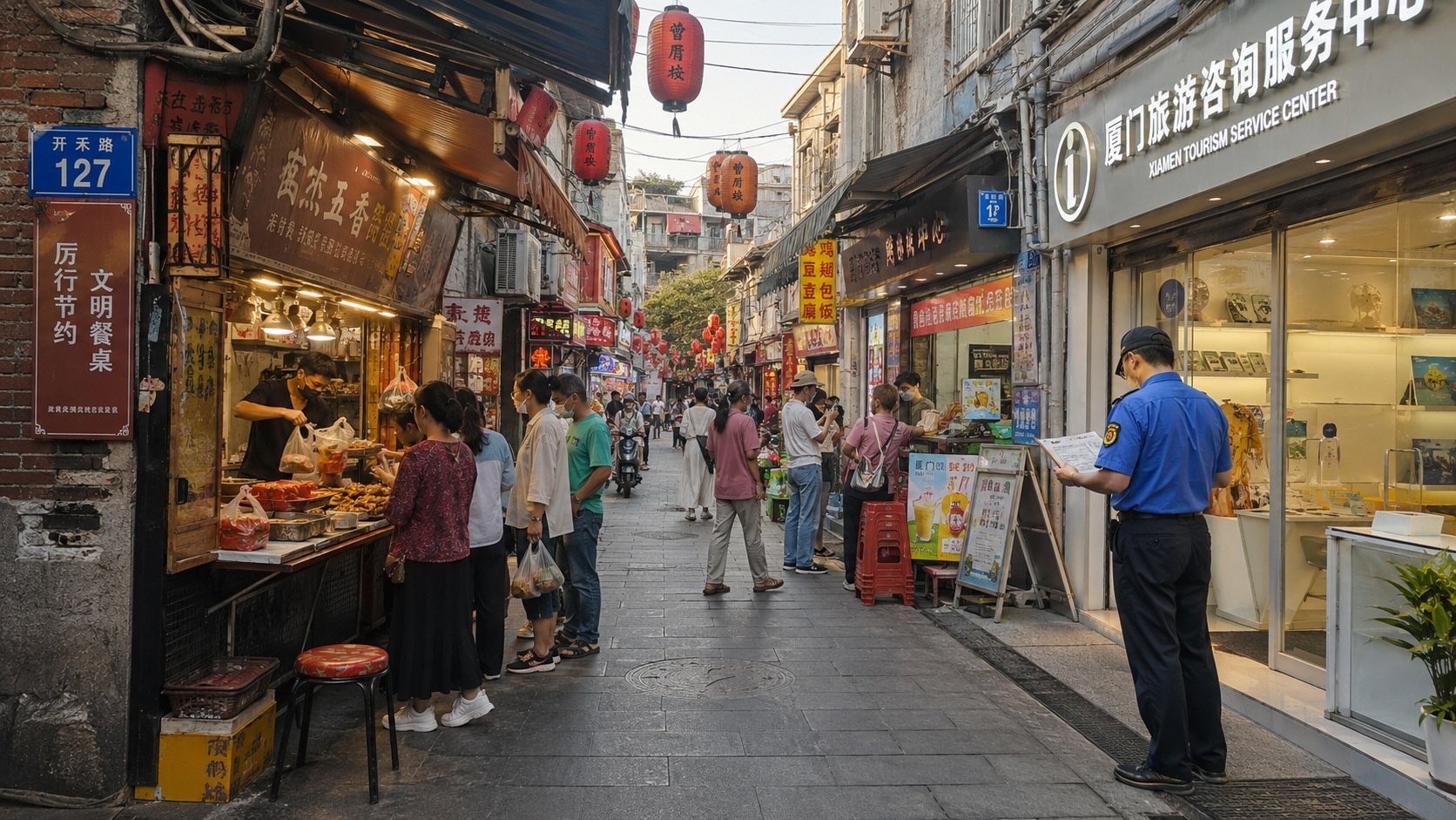 A Xiamen food alley in late afternoon, showing family-run restaurants, waiting customers, and a community manager reviewing permits near a new shop.