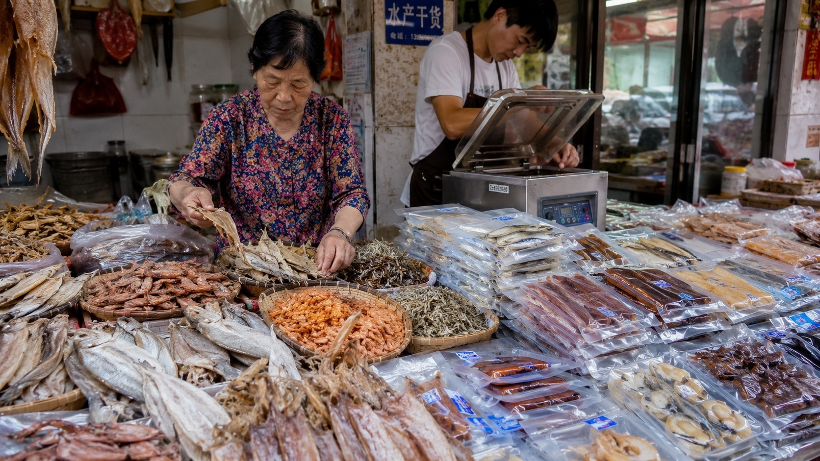 Traditional Fujian seafood drying methods combined with modern vacuum packaging technology at a local market