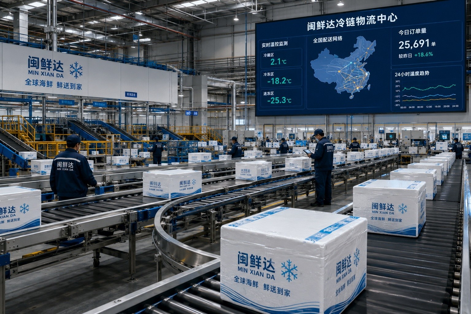 Inside a high-tech cold chain logistics sorting center in China with automated conveyor belts and digital tracking screens