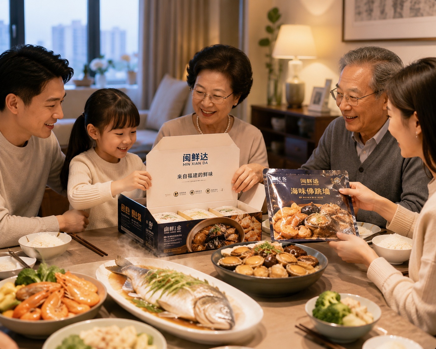 An inland Chinese family enjoying a fresh seafood meal delivered via cold chain logistics in their home