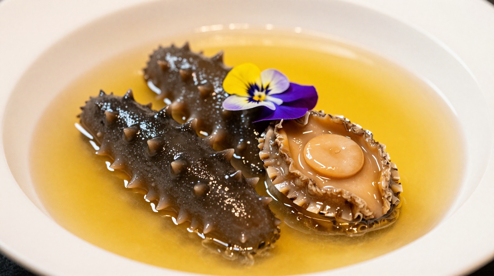 A modern, lighter version of Buddha Jumps Over the Wall served in a clear broth with sea cucumber and abalone, plated elegantly in a contemporary restaurant setting.