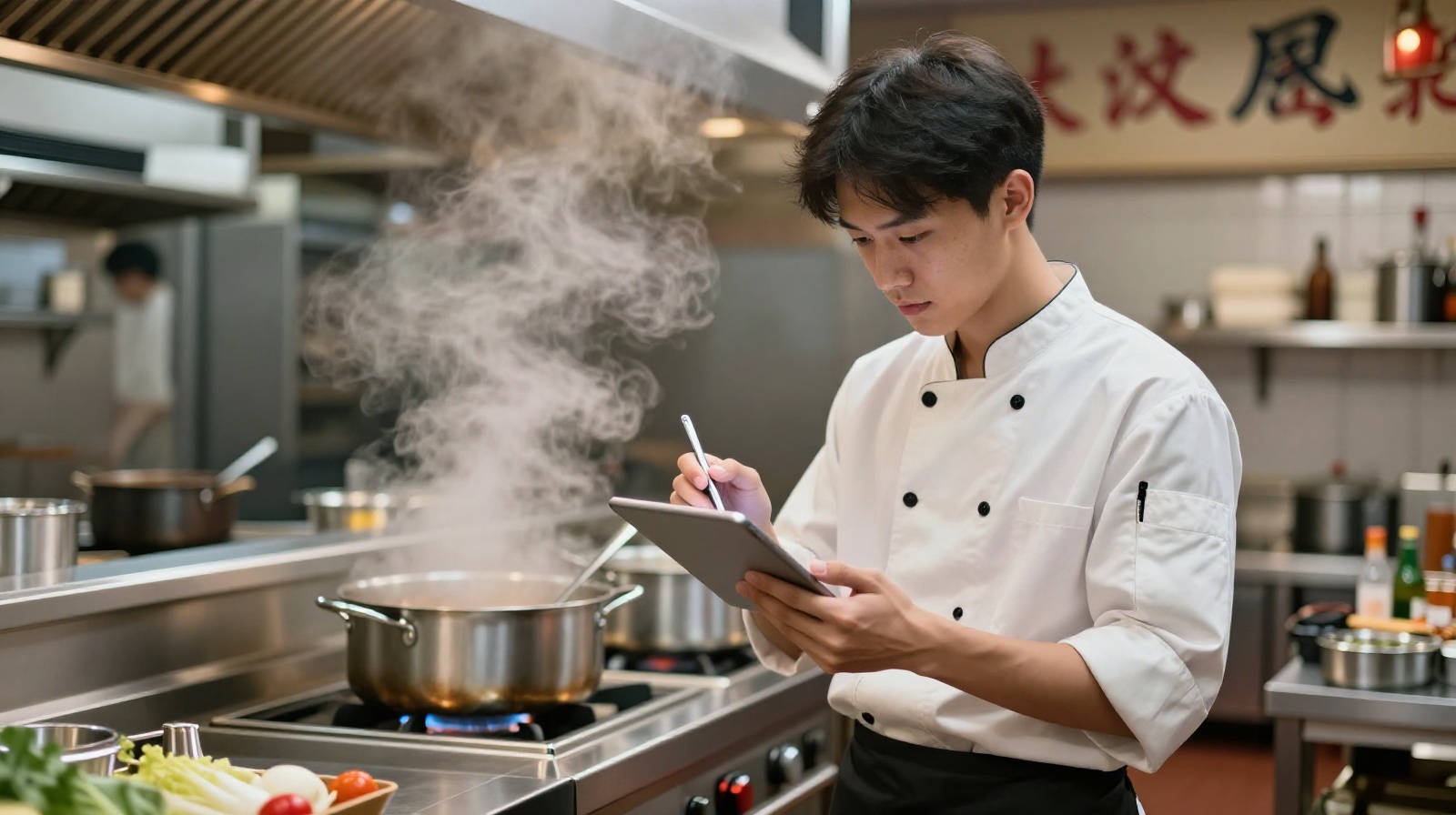 A young post-90s chef checking digital orders on a tablet in a bustling Fuzhou kitchen, blending technology with traditional cooking.