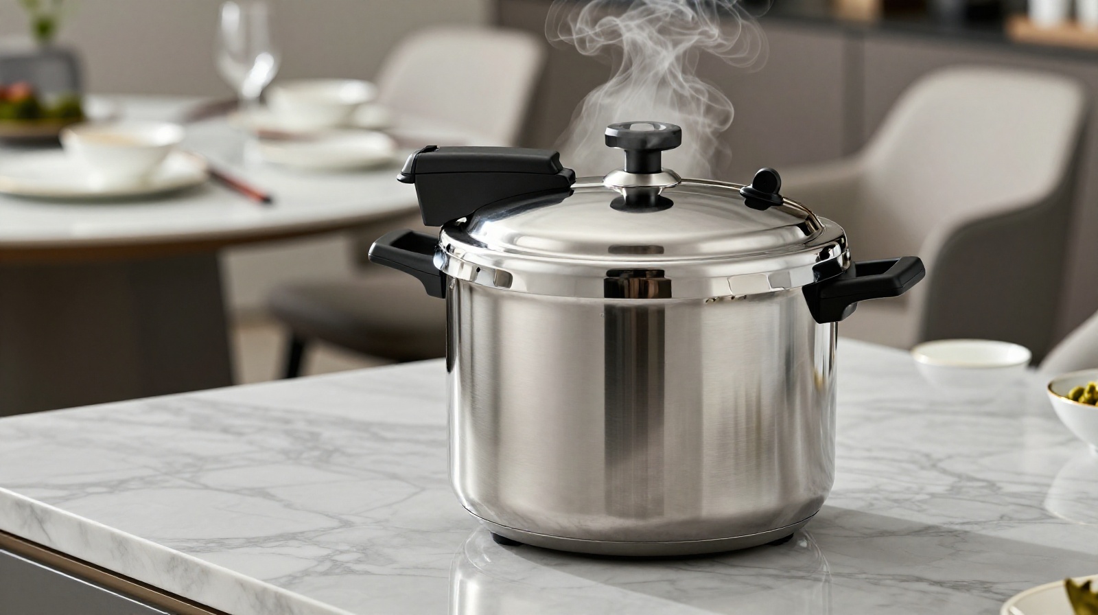 A modern high-tech pressure cooker on a kitchen counter, symbolizing the adaptation of traditional slow-cooking methods