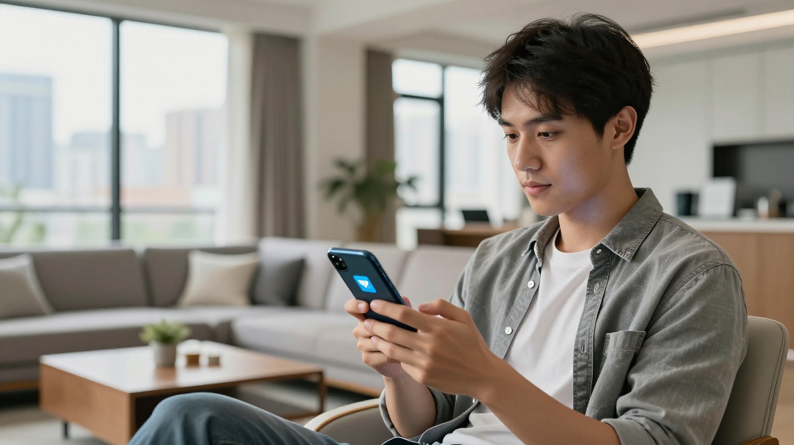 A young man checking a food delivery app on his smartphone in a modern Chinese apartment