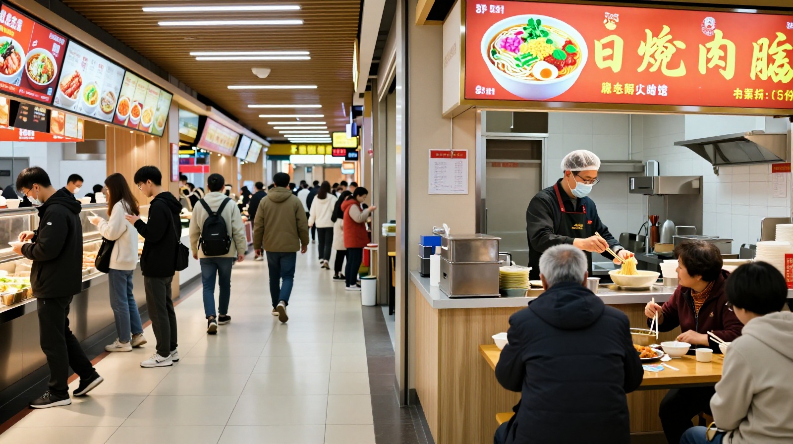Contrast between modern viral food culture and traditional family-run eateries in a Chinese city street.