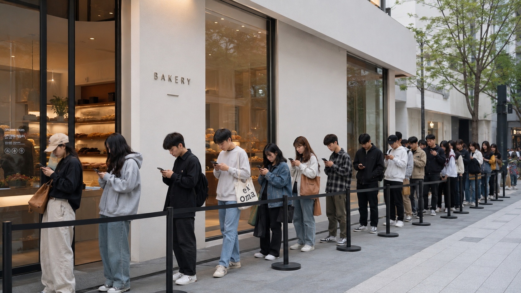 Young Chinese consumers queuing outside a modern viral bakery, many checking smartphones for social media updates.