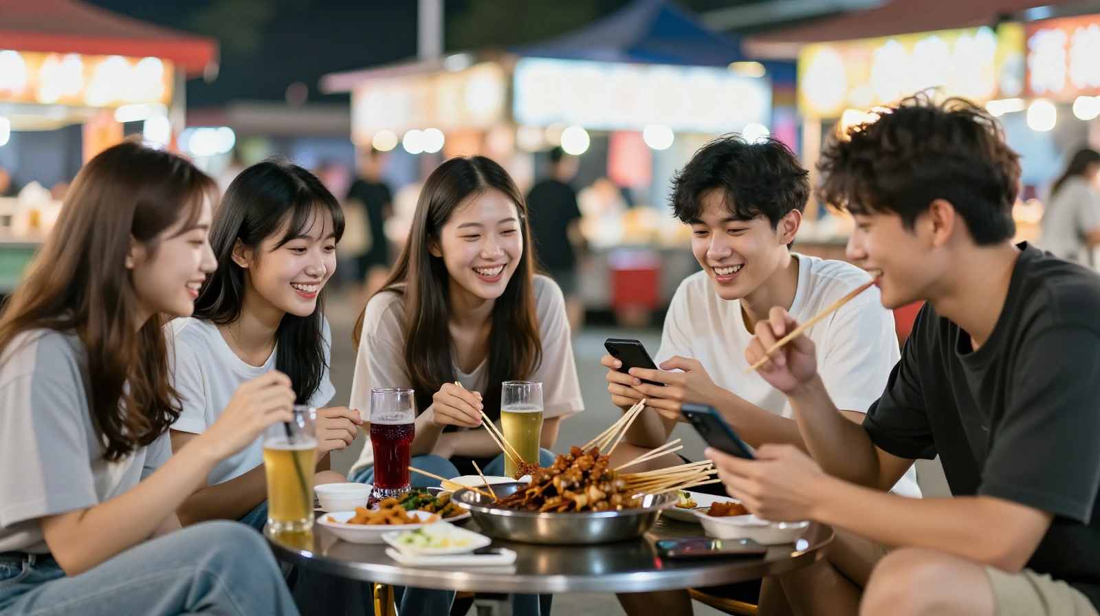 Young friends enjoying skewers and drinks at a Chinese night market, laughing and socializing in a casual setting.