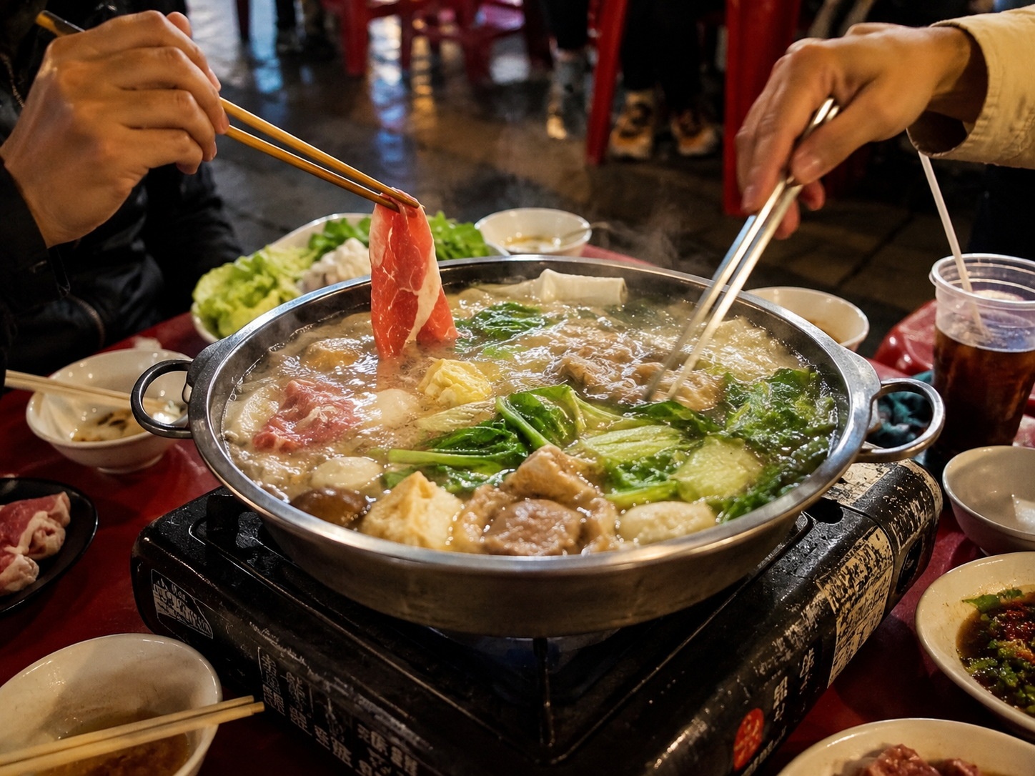 Close-up of a bubbling hotpot at a Chinese street food night market, showing hands adding ingredients to the shared pot.